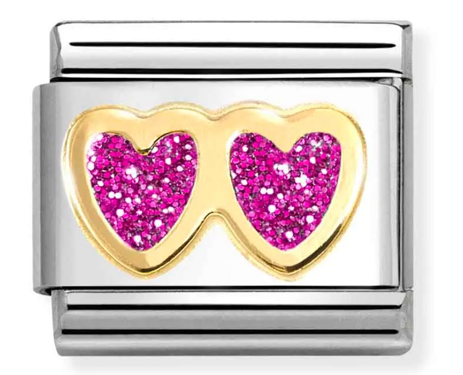 Nomination Link 18K Podwójne fuksjowe brokatowe serce 030220 13.png